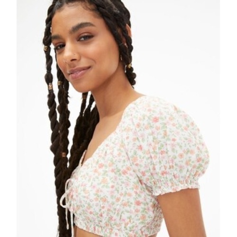 Aeropostale Floral Crop Top Smocked Puff Sleeve‎ Tie Front XS